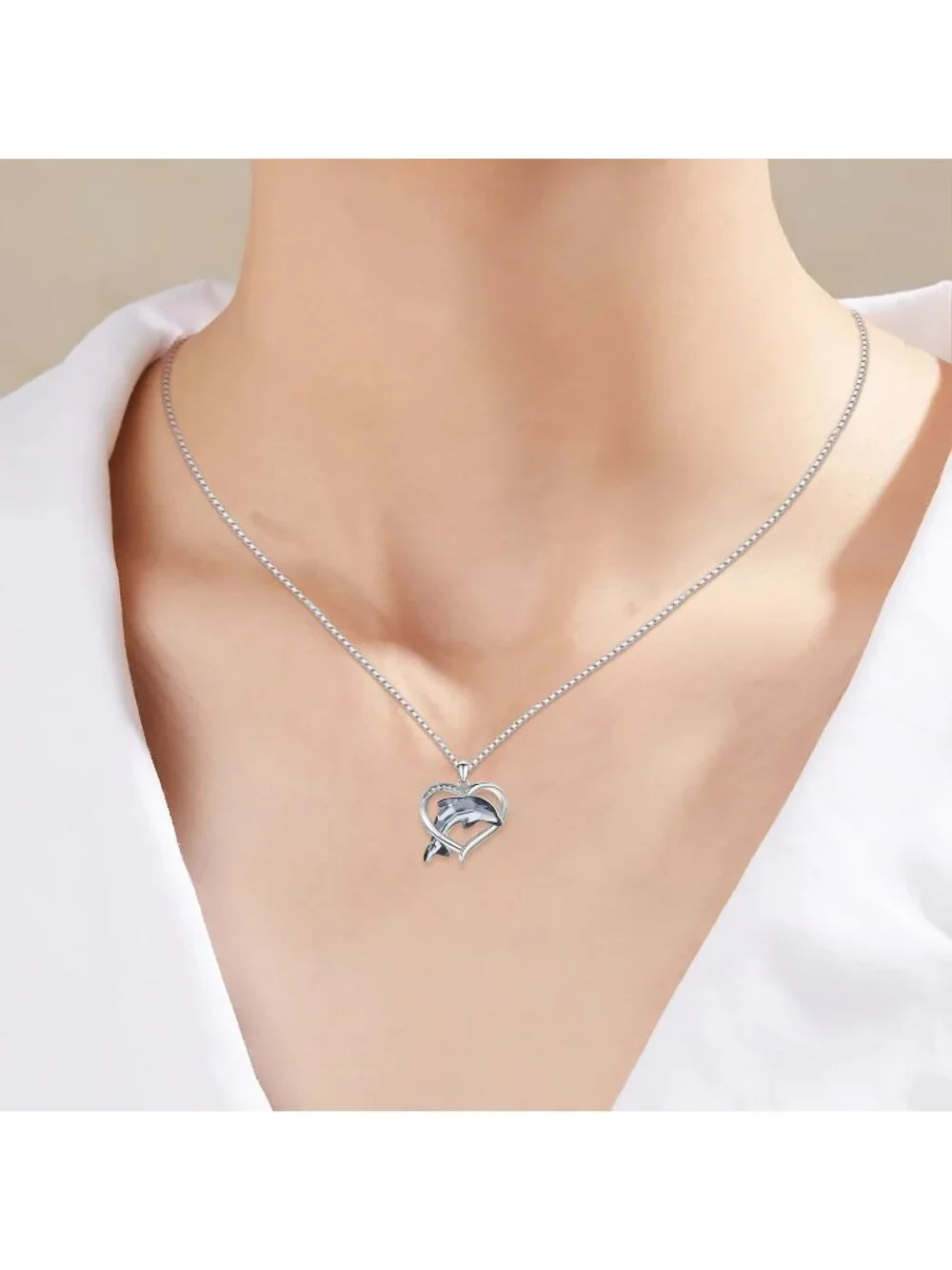 Women's Sterling Silver Heart Dolphin Pendant Beach Themed Crystal Necklace